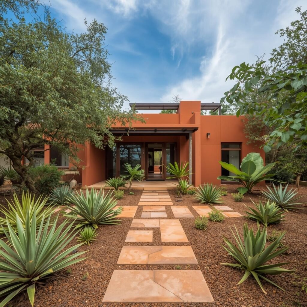 Extérieur d’une maison moderne au Bénin, entourée d’un jardin sec et tropical, illustrant le cadre de vie agréable et les possibilités d’installation pour les nouveaux arrivants