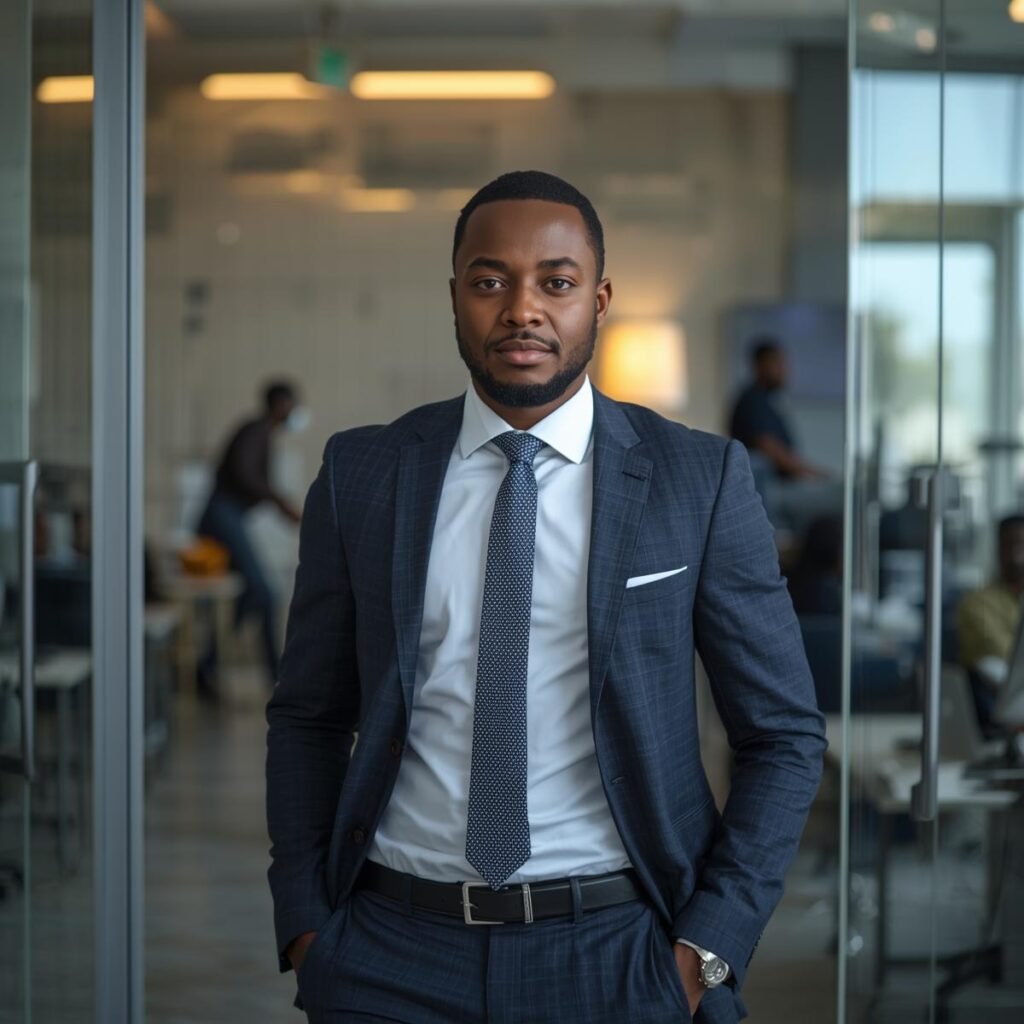 Jeune professionnel de la diaspora évoluant dans un environnement de travail moderne au Bénin, illustrant la montée en puissance des talents et des projets business dans le pays.